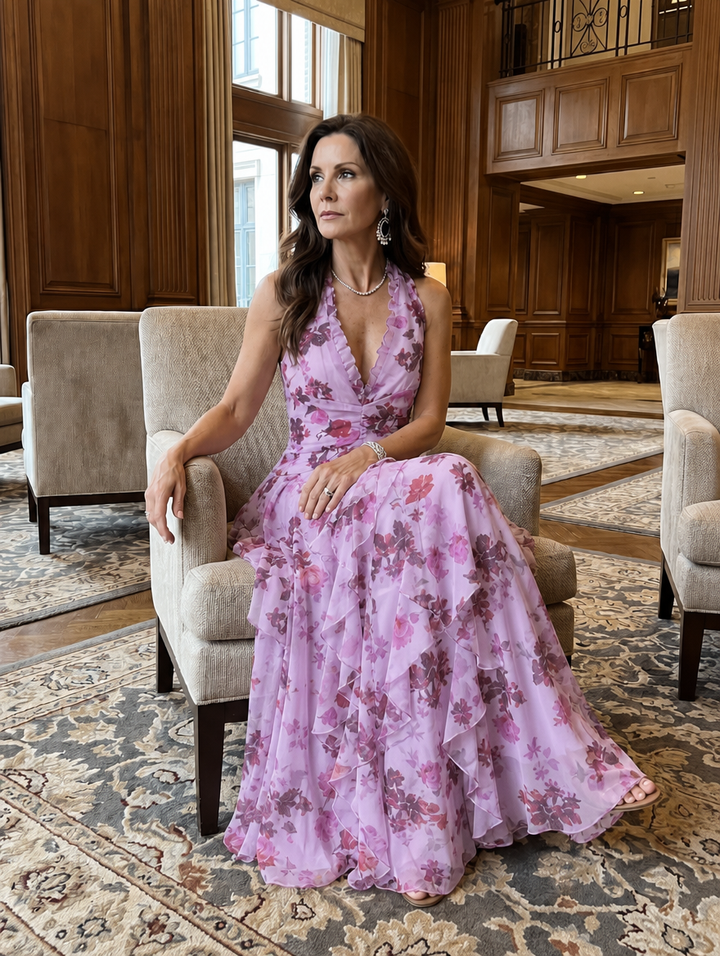 Flowy floral halter maxi dress for women, featuring graceful ruffles, great for casual elegance or events.