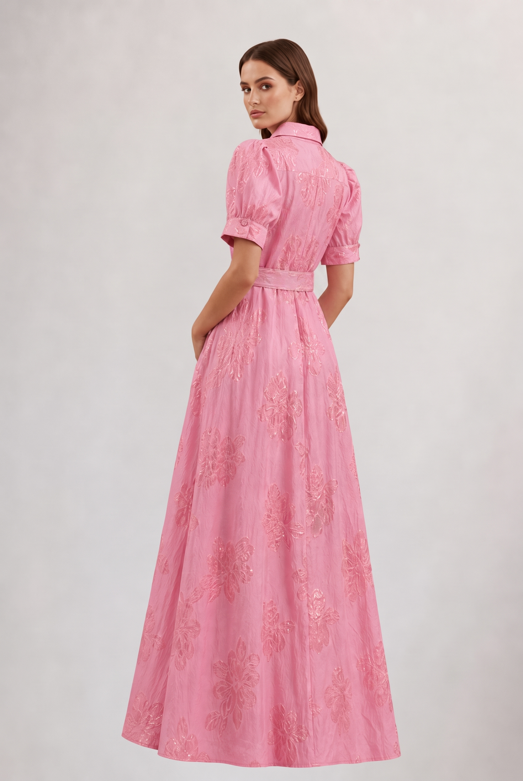 Women's summer floral maxi dress, featuring a chic lapel and a flattering belted waist, ideal for elegant occasions.