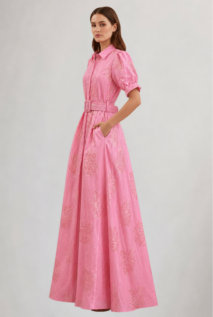 Pink floral women's maxi dress with a flattering belted waist and lapel, an elegant choice for wedding guests.