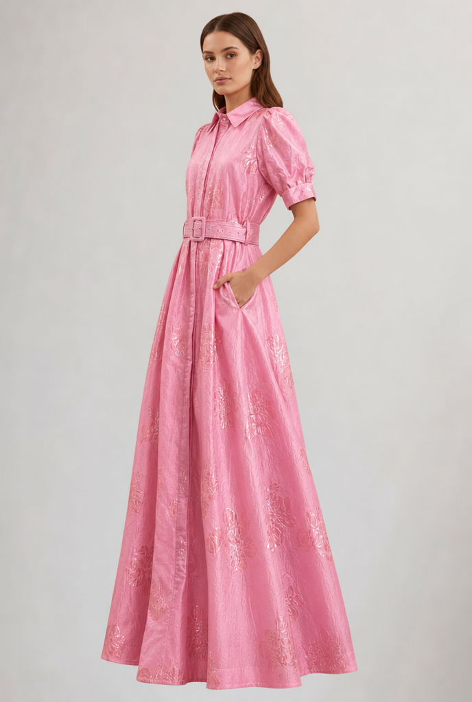 Beautiful pink floral maxi dress for women, with a chic lapel and stylish belt, perfect elegant occasion wear or wedding guest.