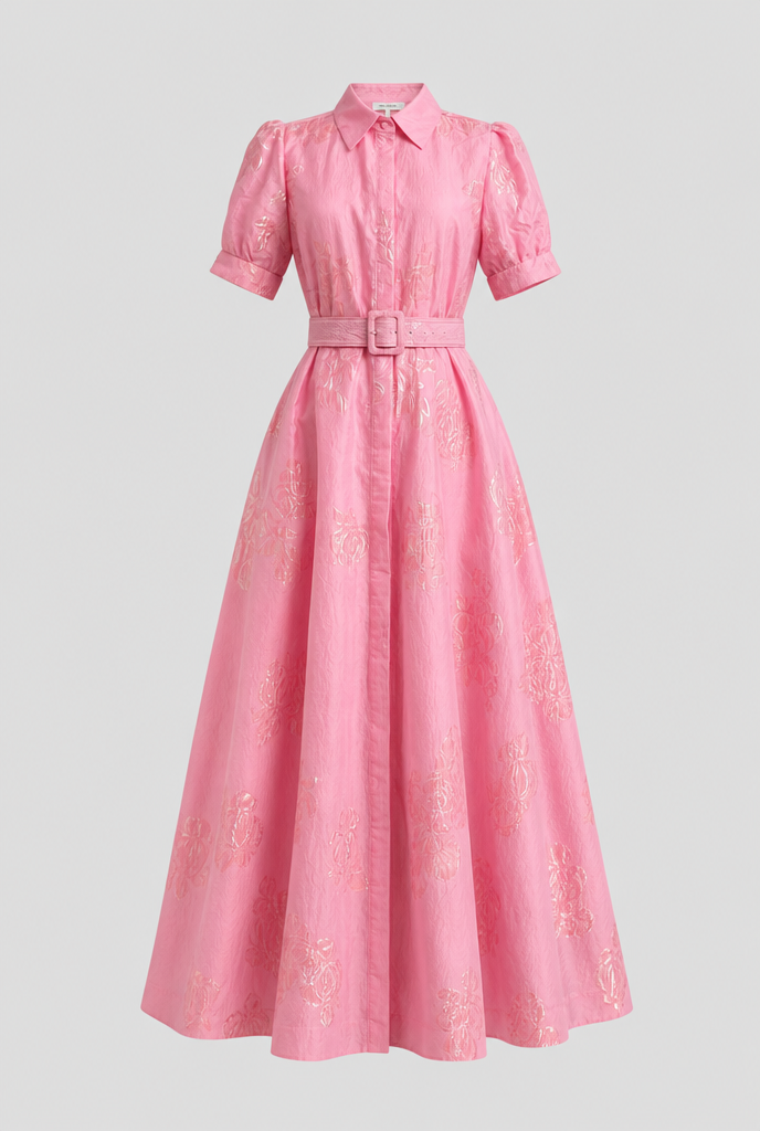 Long pink floral belted maxi dress for women, with a sophisticated lapel, suitable for summer parties and wedding guests.