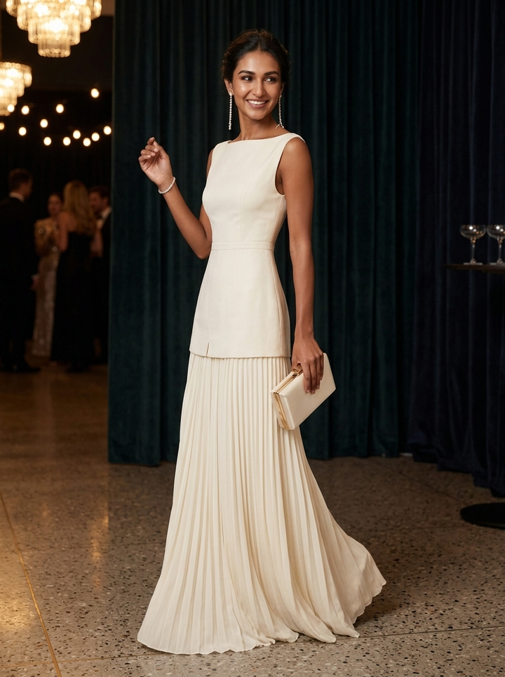 Sophisticated boat neck pleated maxi dress for women, ideal as a wedding guest or special occasion gown.