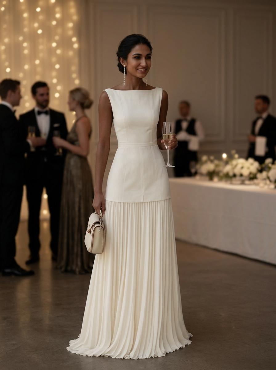 Long elegant women's boat neck formal gown with pleats, suitable for sophisticated evening wear.