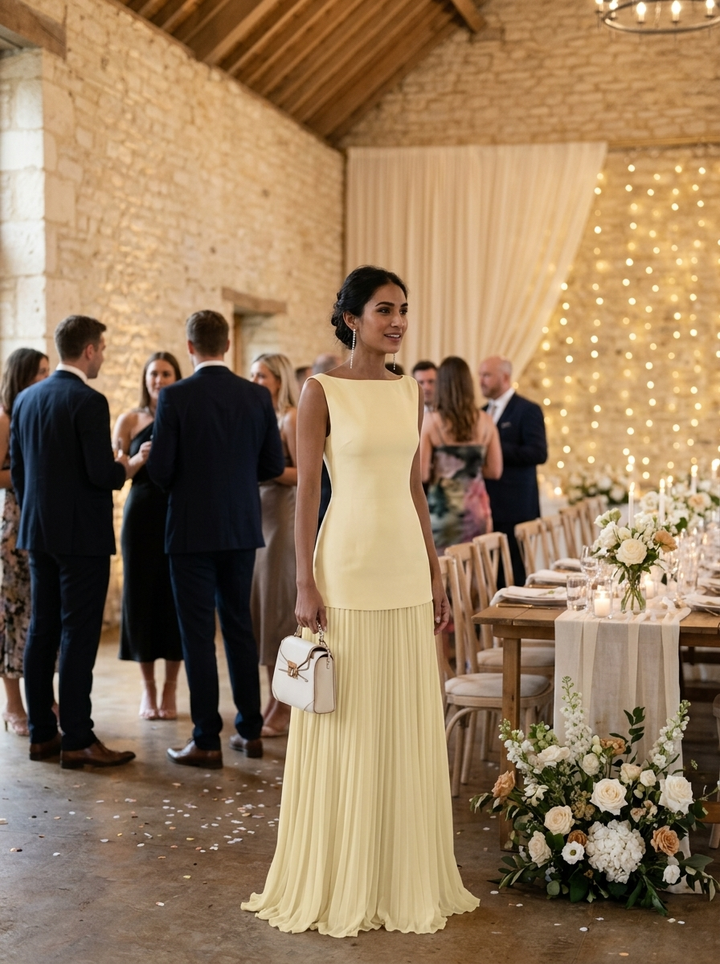 Stunning women's boat neck formal maxi gown, an elegant pleated dress for black tie events.