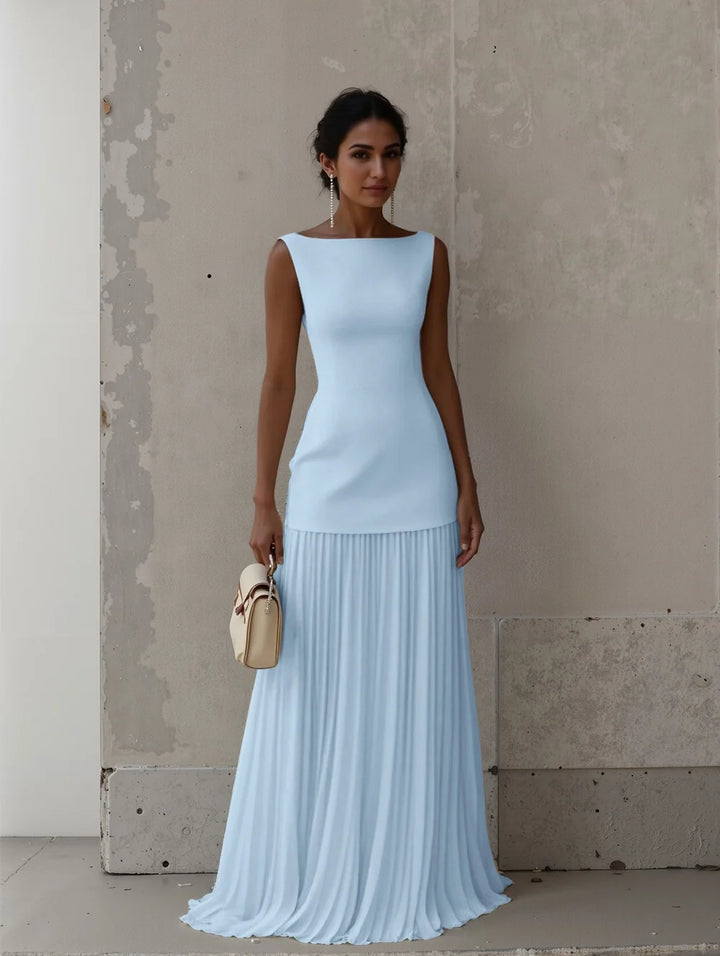 Women's formalwear: a graceful boat neck pleated evening gown, perfect for black tie occasions.