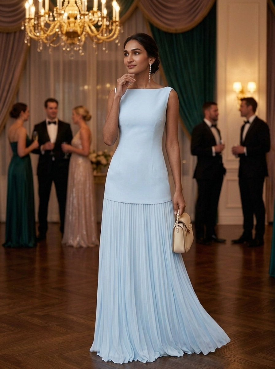 Elegant women's pleated formal gown with a boat neck, a sophisticated choice for special evenings.