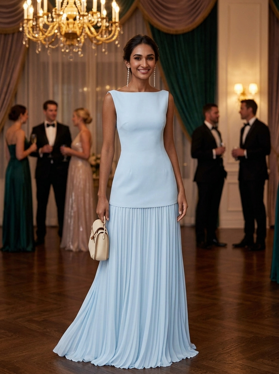 Flowing floor-length women's boat neck formal dress, elegantly pleated for evening events.