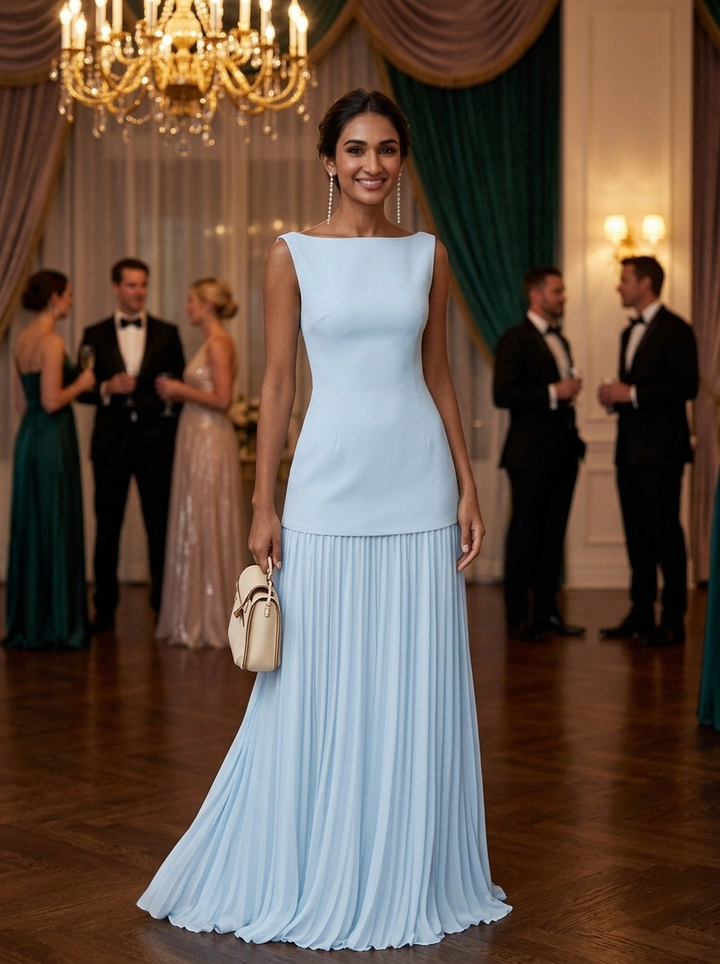 Flowing floor-length women's boat neck formal dress, elegantly pleated for evening events.