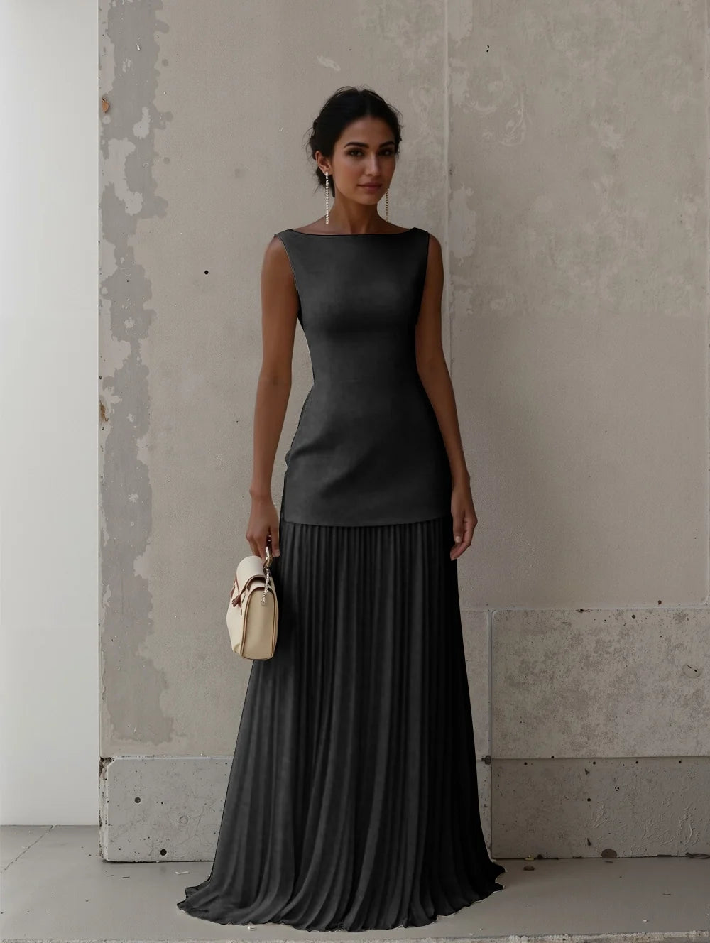 Women's formal boat neck gown, featuring elegant pleats, ideal for evening events & special occasions.