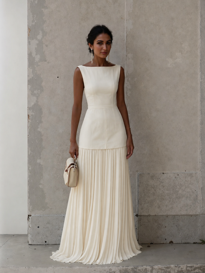 Elegant women's boat neck pleated formal gown, perfect for black tie events & evening wear.