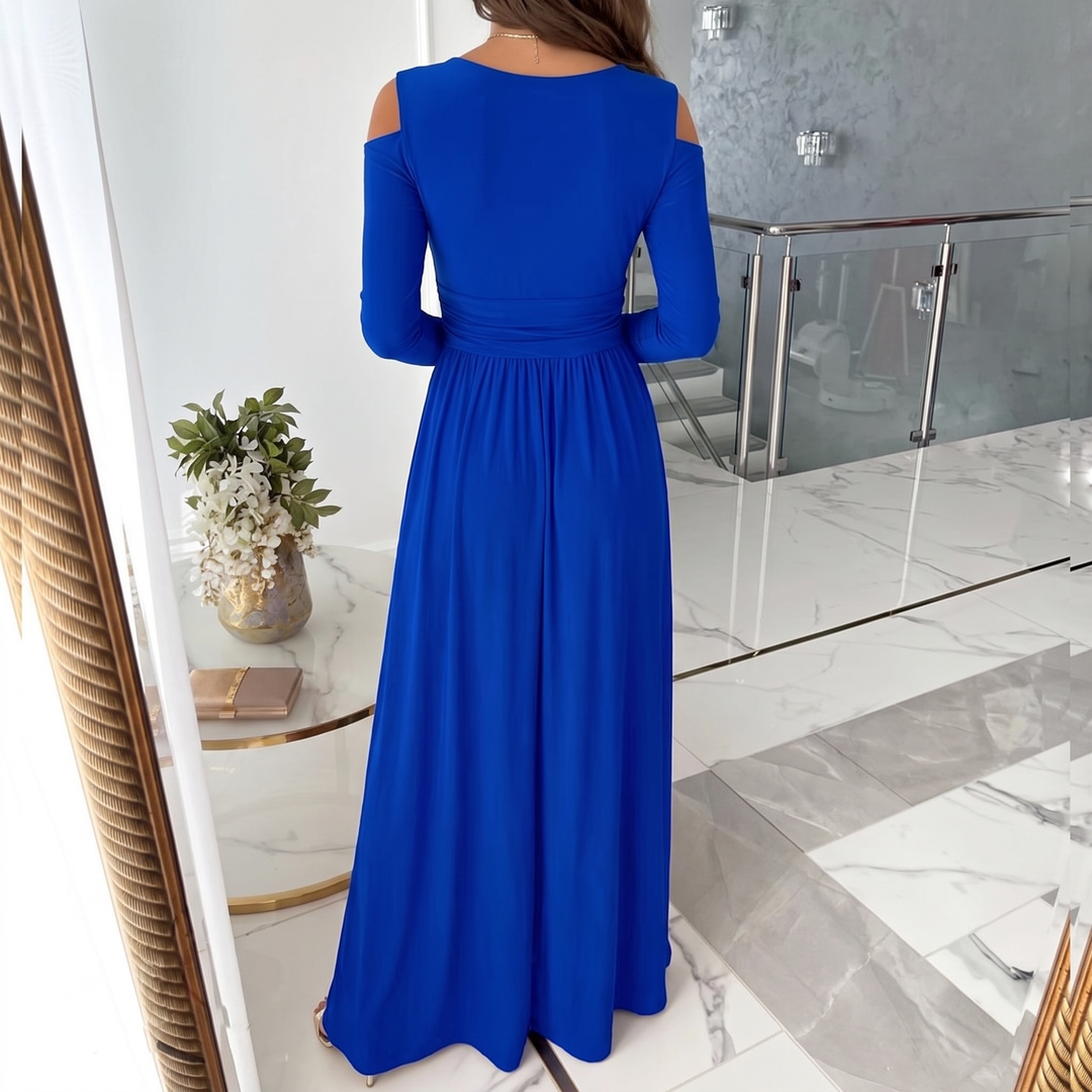 Women's exquisite cold shoulder maxi formal gown with V-neck & high slit. Perfect for a wedding guest or gala.