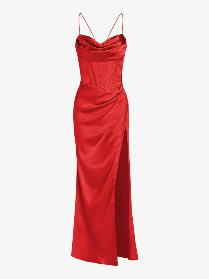 Luxurious women's elegant maxi dress, a perfect wedding guest attire with a corset and lace-up back detail.