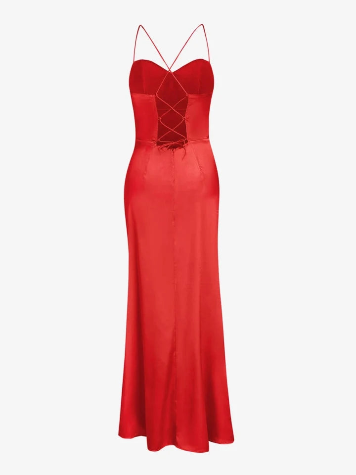 Stunning full-length women's corset maxi dress featuring an elegant cowl neck and intricate lace-up back design.