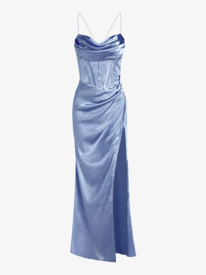 Modern women's elegant maxi slip dress. Classic corset style with a flattering lace-up back for evening events.