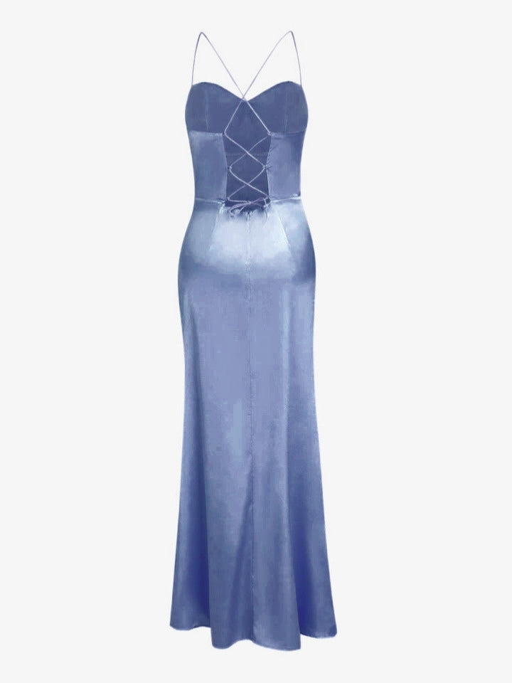 Figure-flattering women's formal maxi dress with an elegant corset bodice and a sophisticated lace-up back detail.