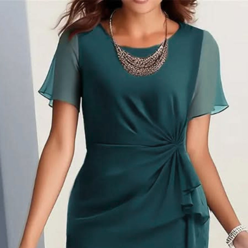 Versatile women's elegant midi dress, flutter sleeves, ruffle hem. Great for day & evening formal events.