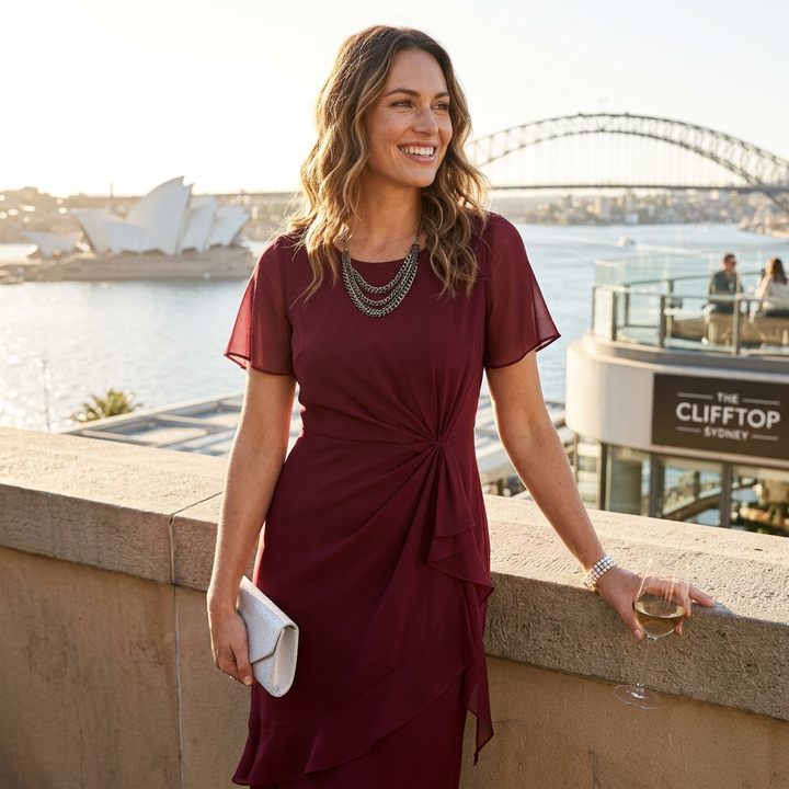 Sophisticated ruffle hem on a women's formal midi dress with flutter sleeves, suitable for evening wear.