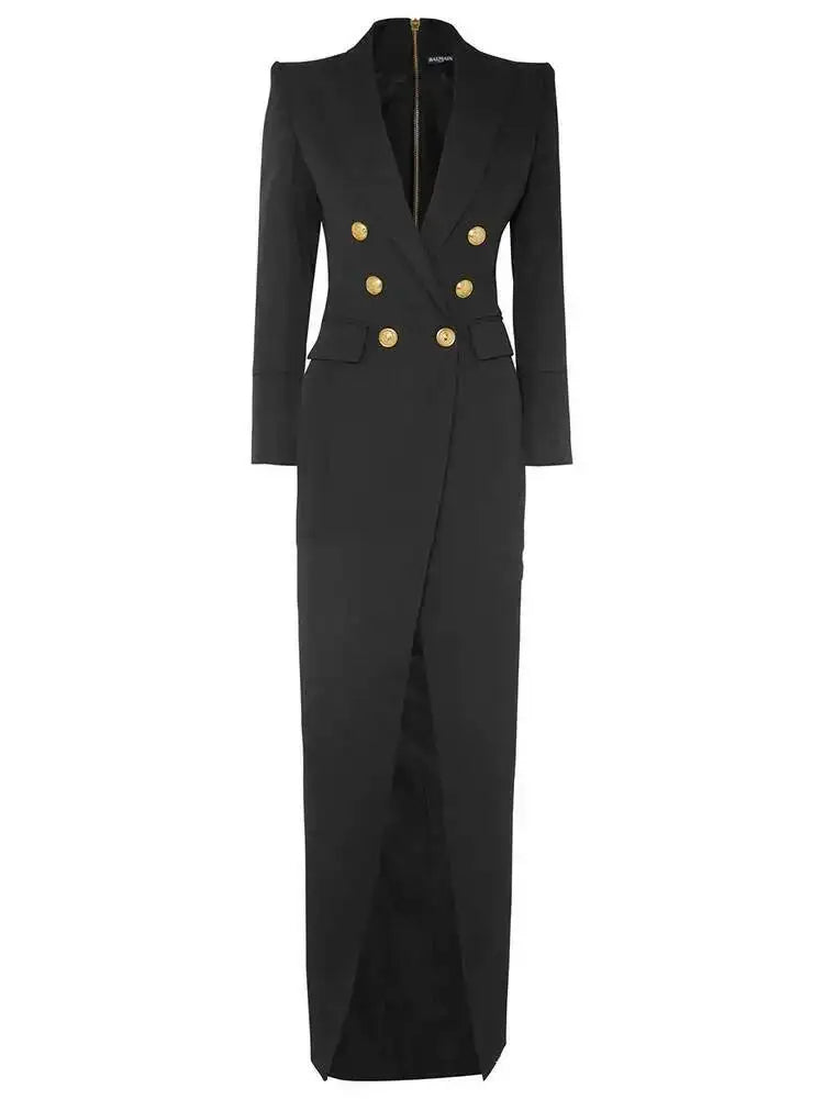 Elegant women's formal black blazer dress, a long sleeve maxi gown with a stylish lapel and front split design.