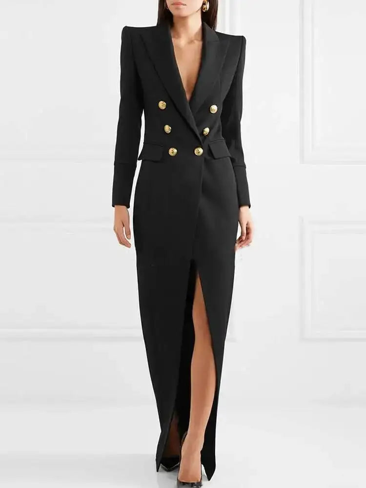 Women's elegant black blazer dress with lapel collar, tailored fit, and chic front split for formal occasions.
