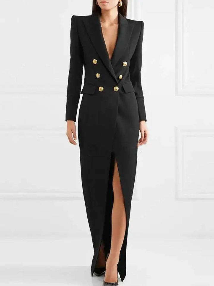 Women's elegant black blazer dress with lapel collar, tailored fit, and chic front split for formal occasions.