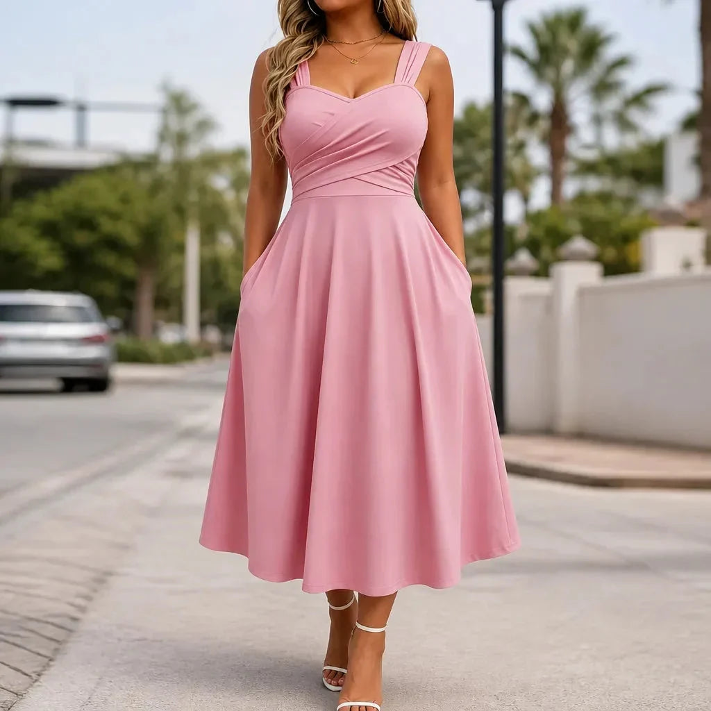 Versatile women's elegant midi dress with a sweetheart neckline, great for parties and formal events.