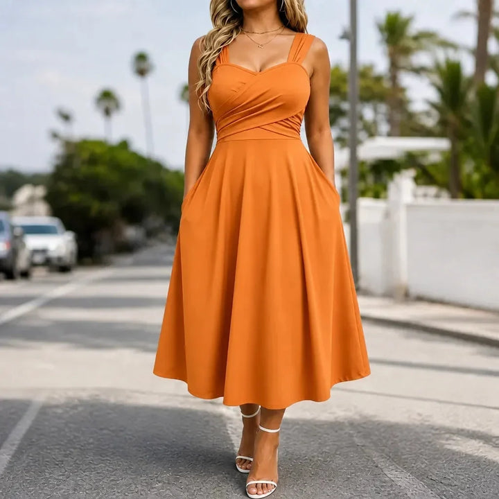 Stylish women's evening wear midi dress, elegant formal design with a sweetheart neck.