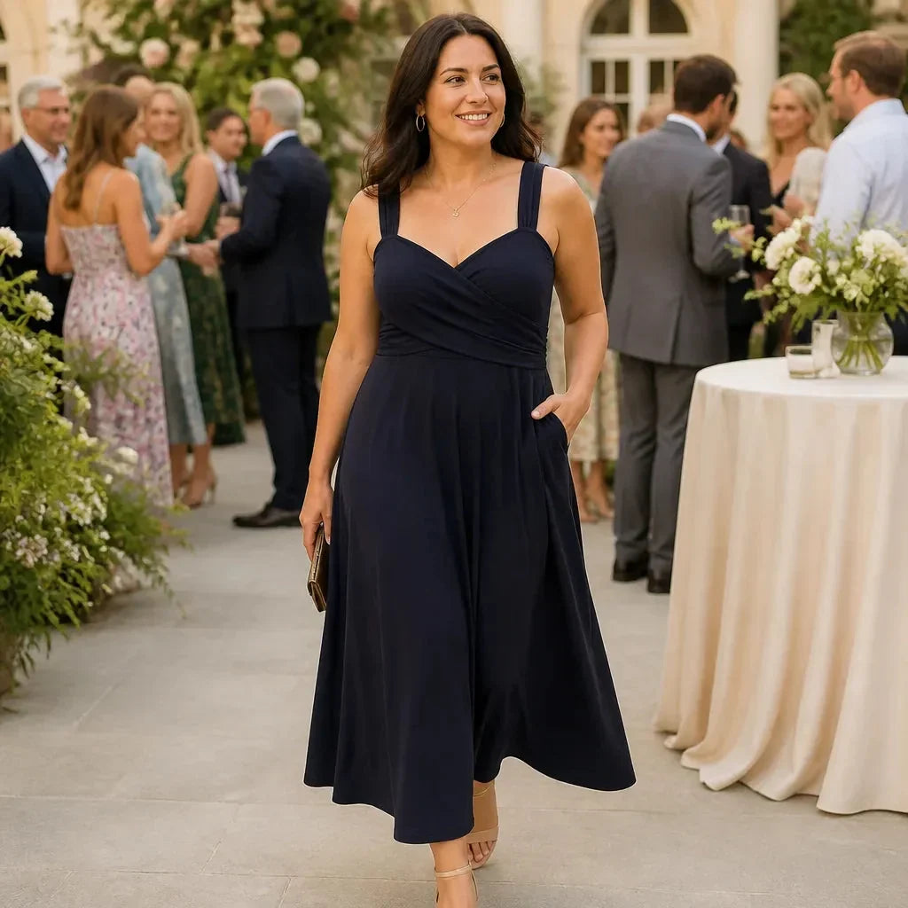Elegant women's midi formal dress with sweetheart neckline, perfect for special occasions.