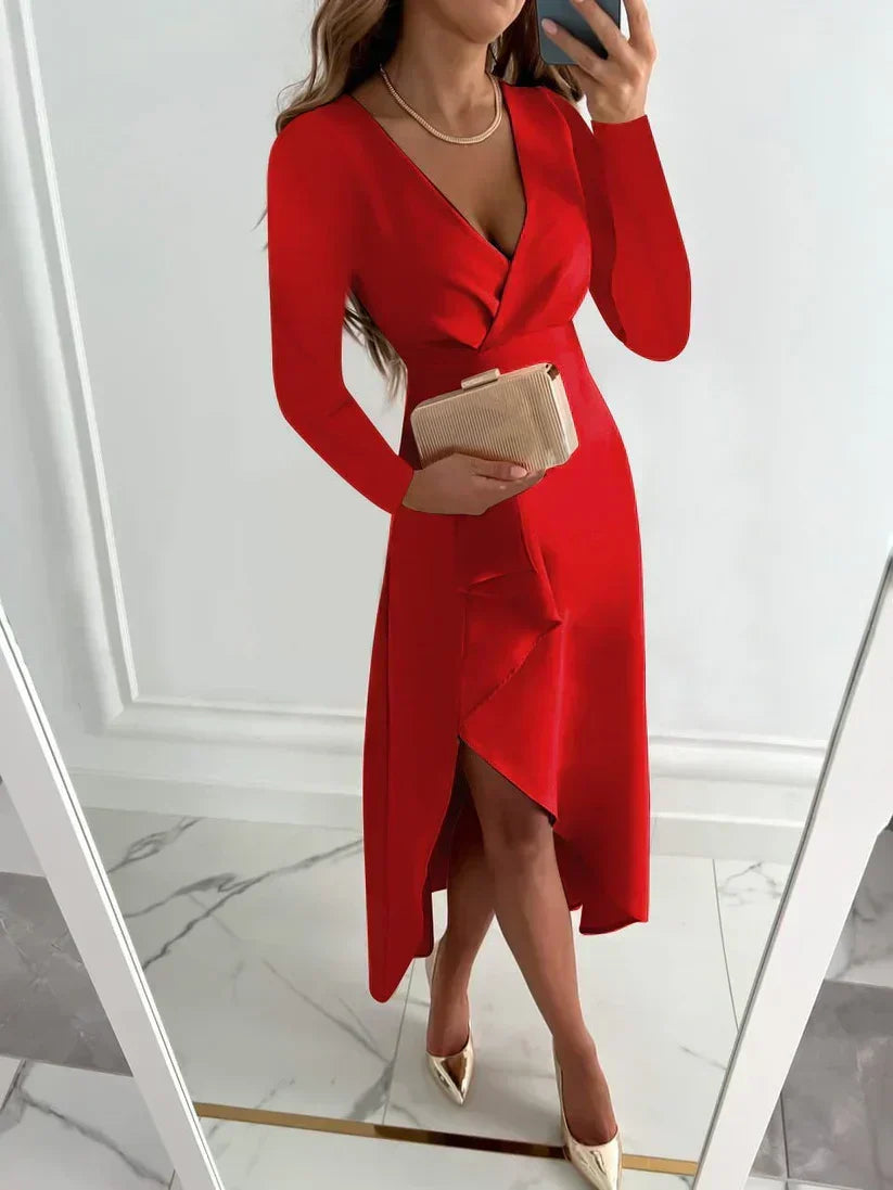 Stylish women's formal wrap V-neck long sleeve dress. Elegant midi length for cocktail & evening parties.
