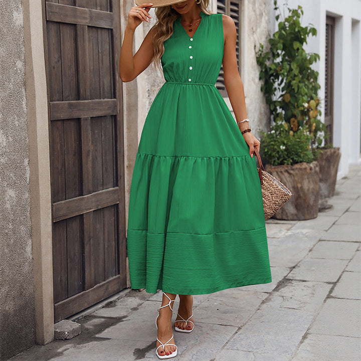 Chic women's formal tiered sundress with a distinctive stand collar and flowy silhouette, great for summer parties.