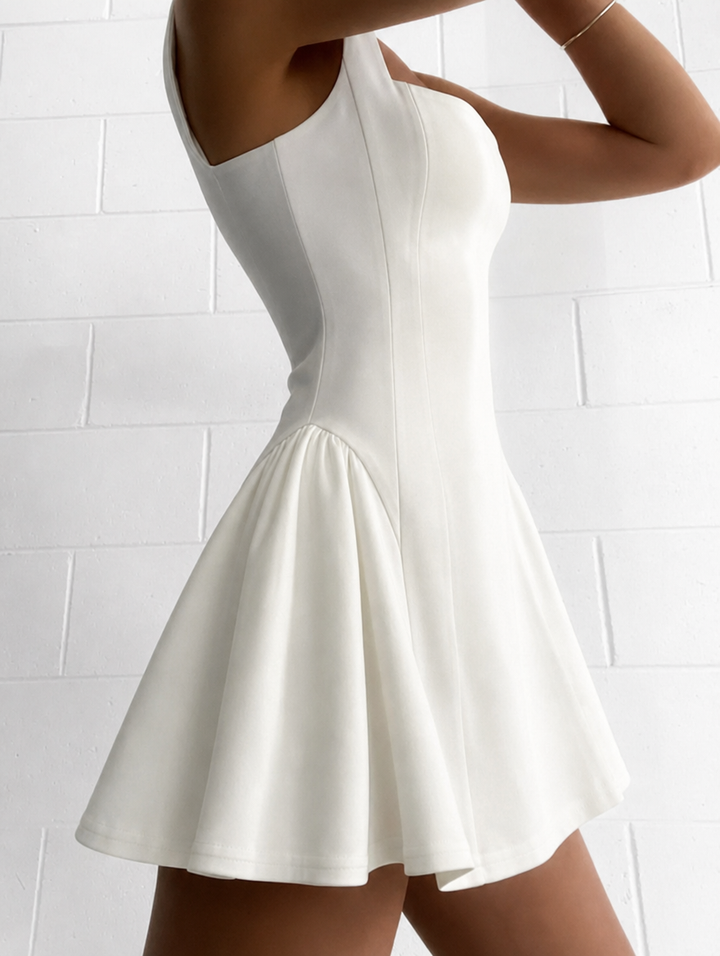 Elegant women's white A-line mini dress, square neck, ideal for graduation ceremonies & events.