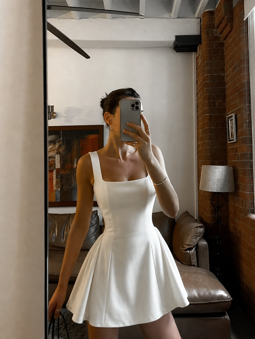 Women's elegant white square neck A-line graduation mini dress, sleeveless.