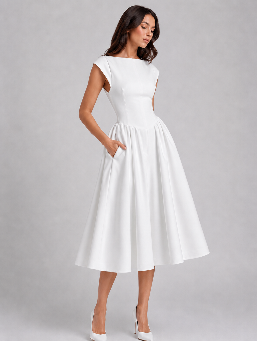 Sophisticated white women's midi graduation dress, featuring a boat neck and stylish open back design.