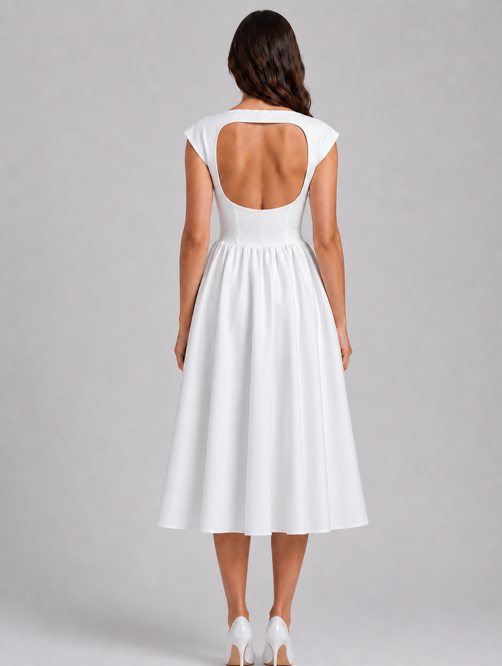 Chic black boat neck midi dress for women, with an elegant open back, ideal for graduation and parties.