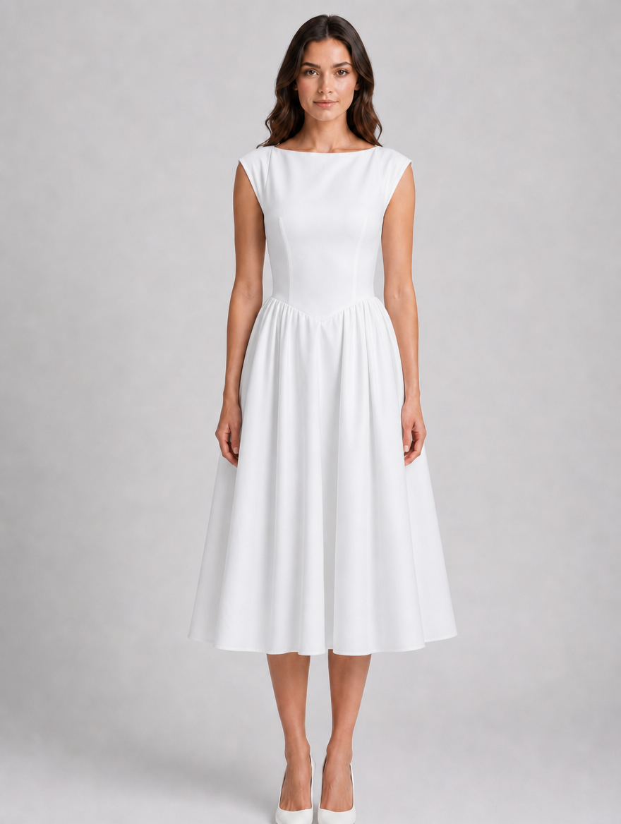 Elegant women's graduation midi dress with boat neck and open back, perfect for formal occasions.