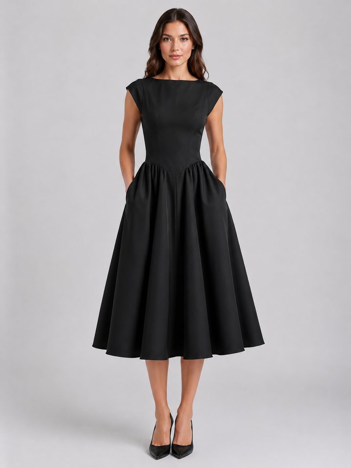 Formal women's midi dress for graduation, with a classic boat neck and alluring open back silhouette.