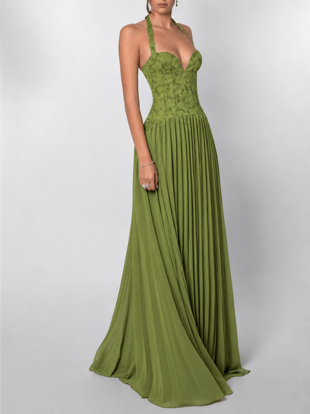 Women's elegant party dress: halter neck, corset bodice, flowing maxi skirt, and stylish lace-up back design.