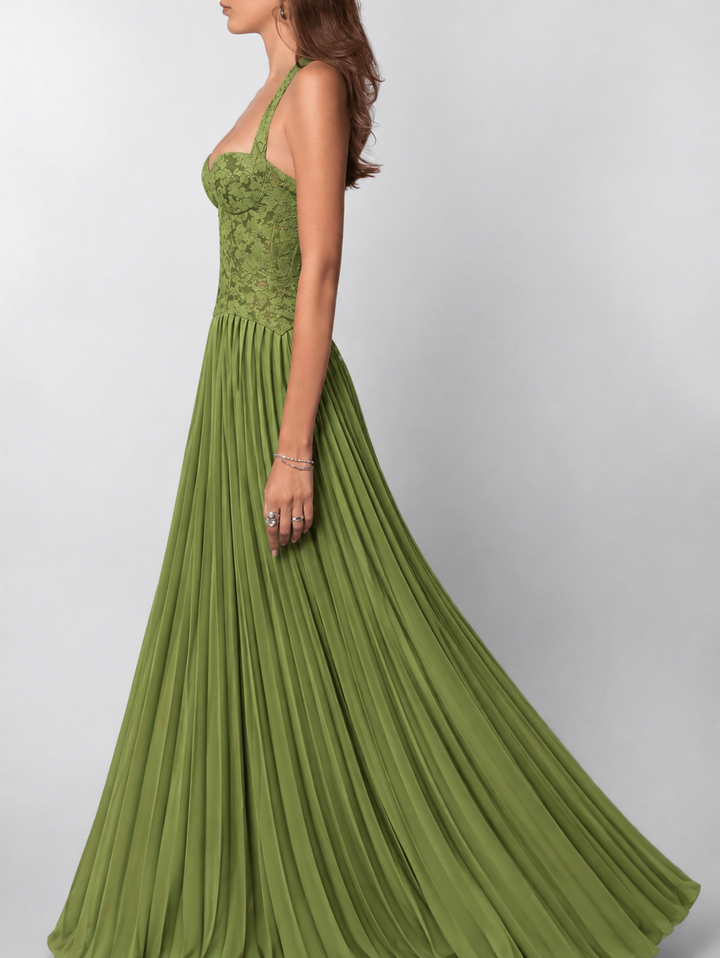 Women's fashion: gorgeous halter neck maxi dress with a structured corset design & adjustable lace-up back for parties.