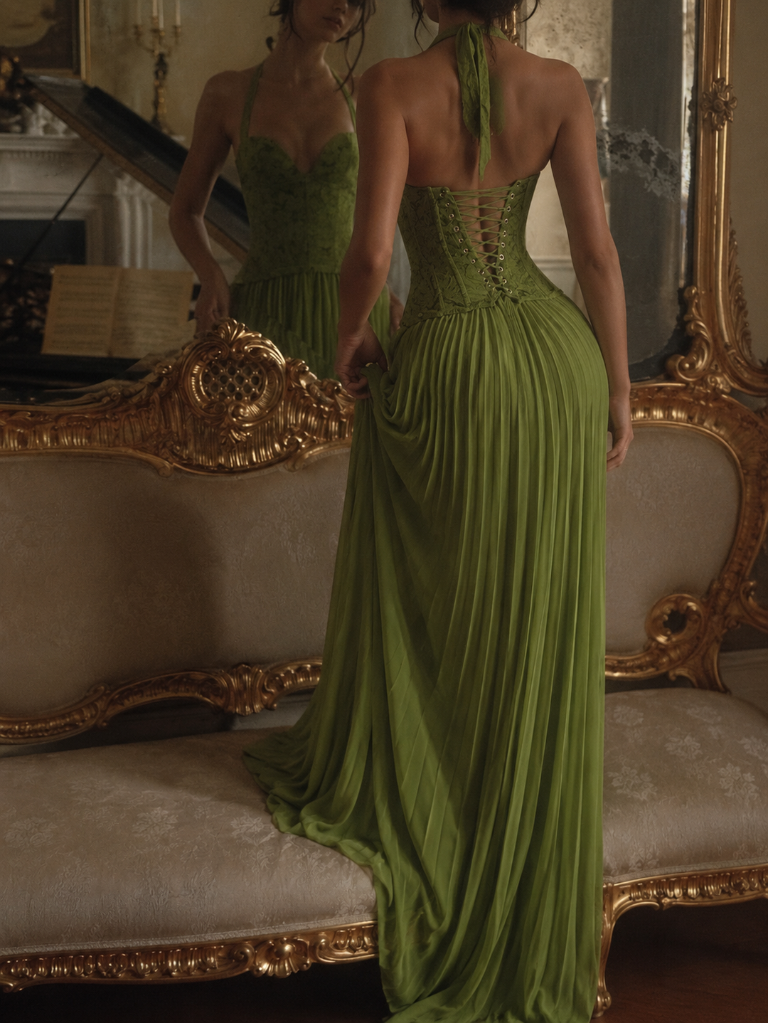 Stylish women's halter neck corset maxi dress with lace-up back & pleated skirt. Ideal evening gown or party dress.