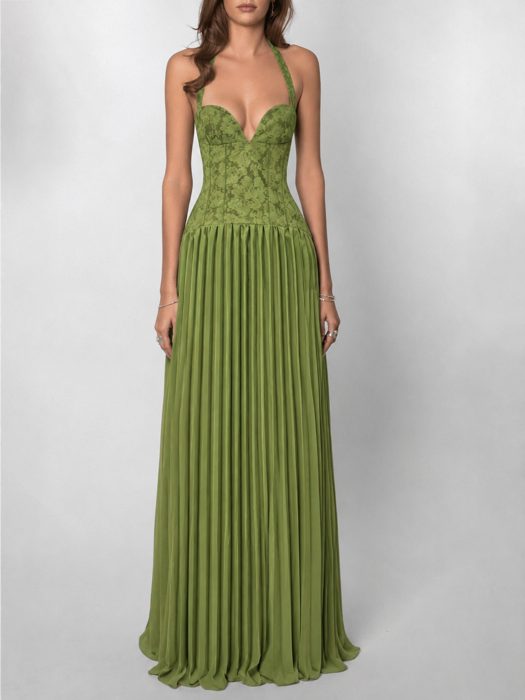 Elegant halter neck corset maxi dress with lace-up back. Perfect women's fashion for special occasions & parties.