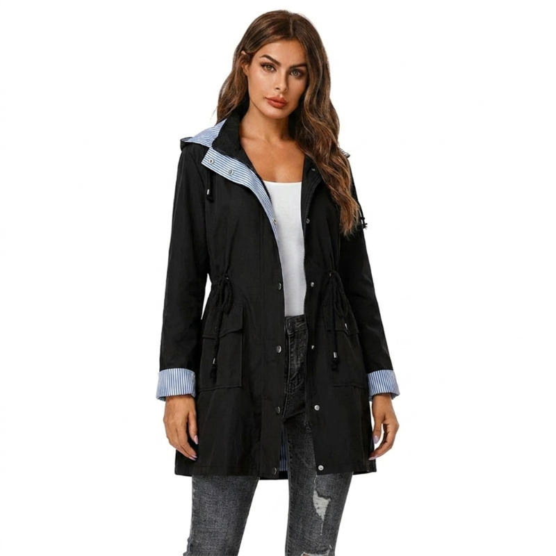 Stylish women's longline rain jacket, hooded, featuring a snap front and chic striped lining. Everyday outerwear.