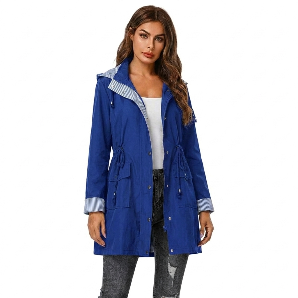 Elegant women's long hooded rain jacket with snap front. Ideal for light rain, offering stylish and versatile protection.