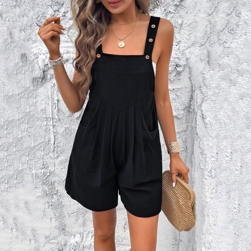 Comfortable women's sleeveless jumpsuit, perfect for casual outings. Features adjustable button straps and spacious pockets.