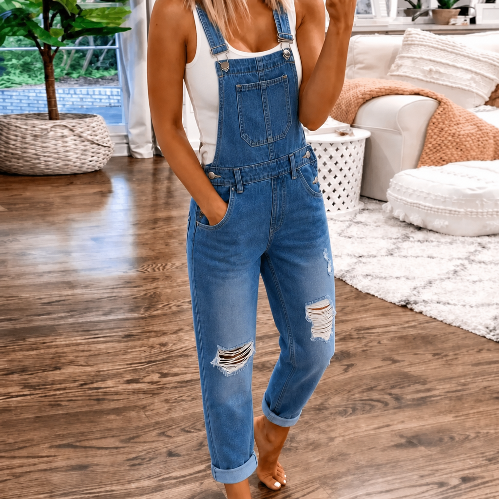 Women's relaxed straight leg jumpsuit with a stylish bib pocket. Perfect casual sleeveless overall for everyday wear.
