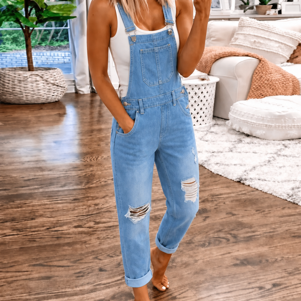 Versatile sleeveless women's jumpsuit with a relaxed straight leg & bib pocket. Perfect casual outfit for spring.