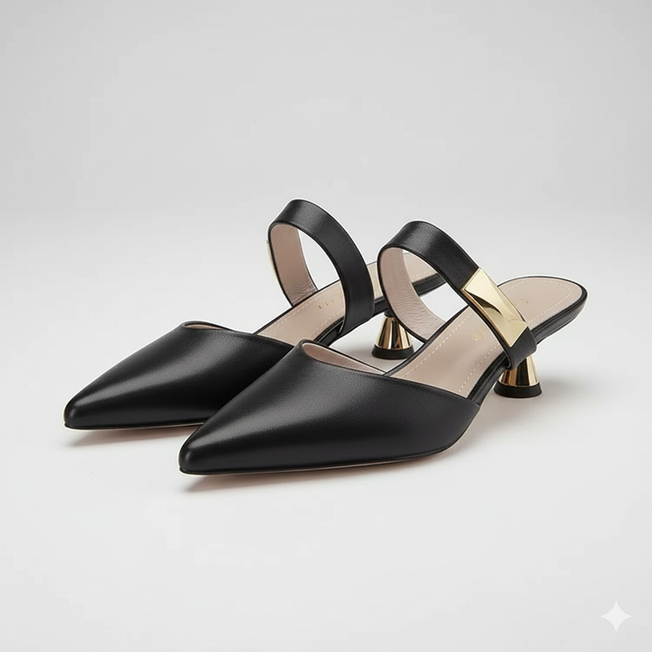 Elegant women's pointed toe kitten heel mules, professional slip-on work shoes for a chic look.