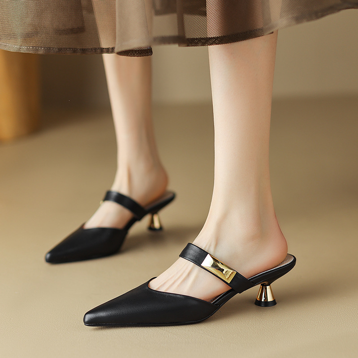 Stylish women's pointed toe kitten heels, comfortable slip-on mules ideal for professional office environments.