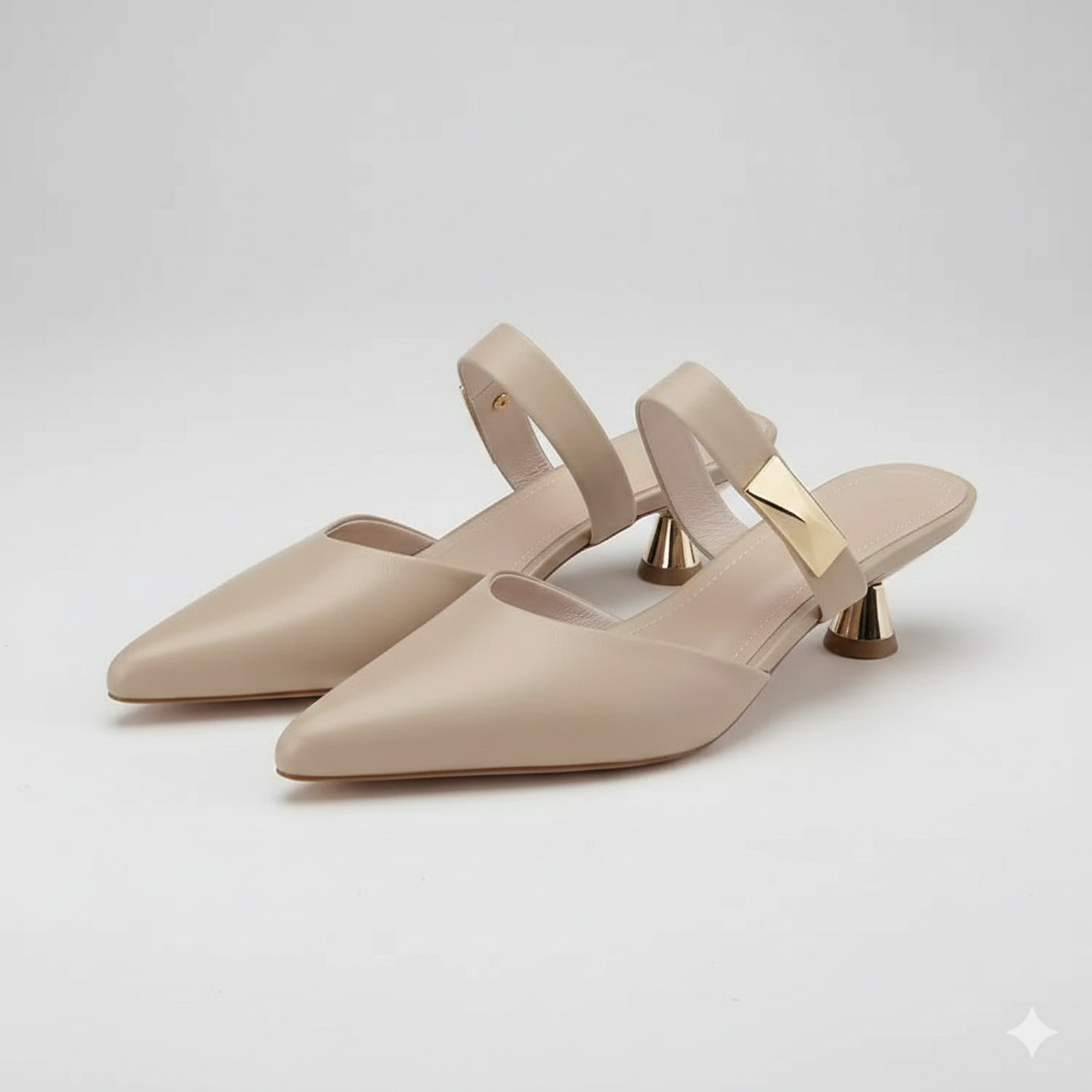 Women's pointed toe kitten heel mules, elegant slip-on shoes for work or professional office wear.