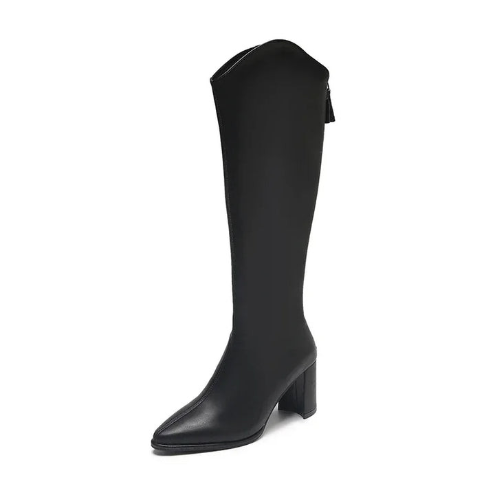 Women's elegant knee-high boots. Pointed toe, sturdy block heel, & discrete back zip closure detail.