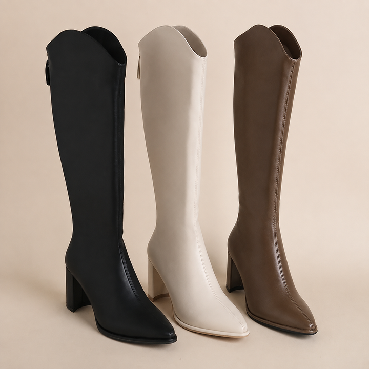 Brown suede women's knee-high boots, block heel, pointed toe, & back zip. Versatile for fall fashion.