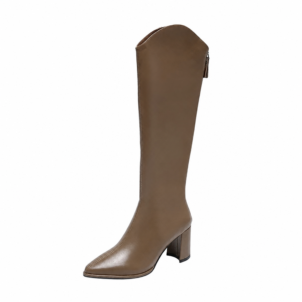 Elegant women's knee-high boots featuring a chic block heel, pointed toe, & secure back zip closure.